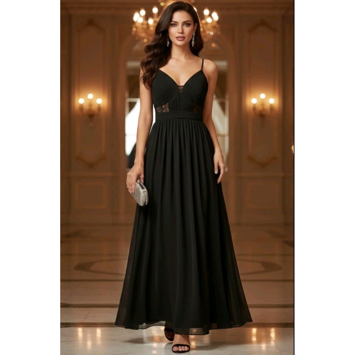 Nwt Azazie Elsy Maxi Dress Women Size 8 Black Chiffon Lace Pleated Formal Gown